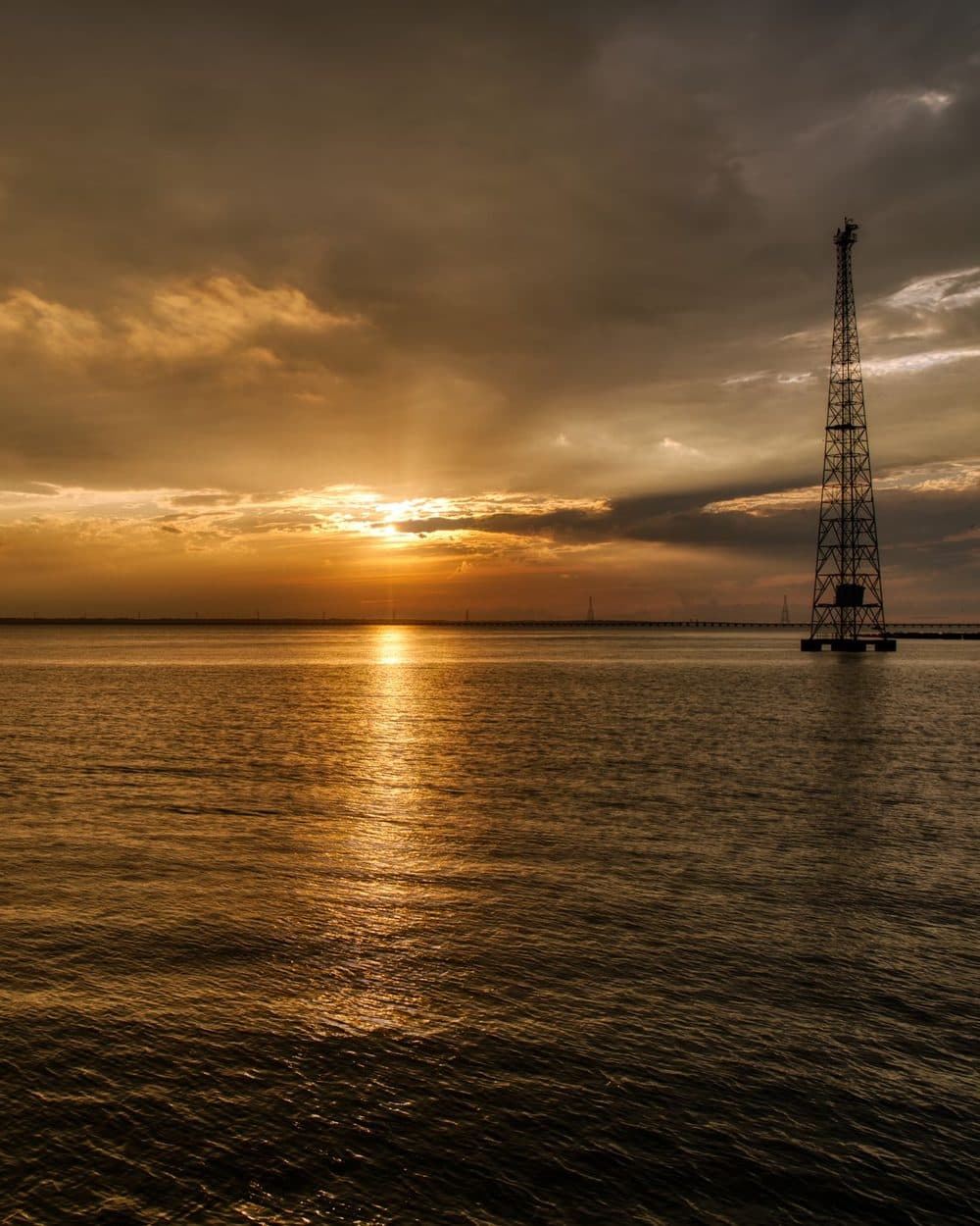 The James River waterfront in Newport News at golden hour