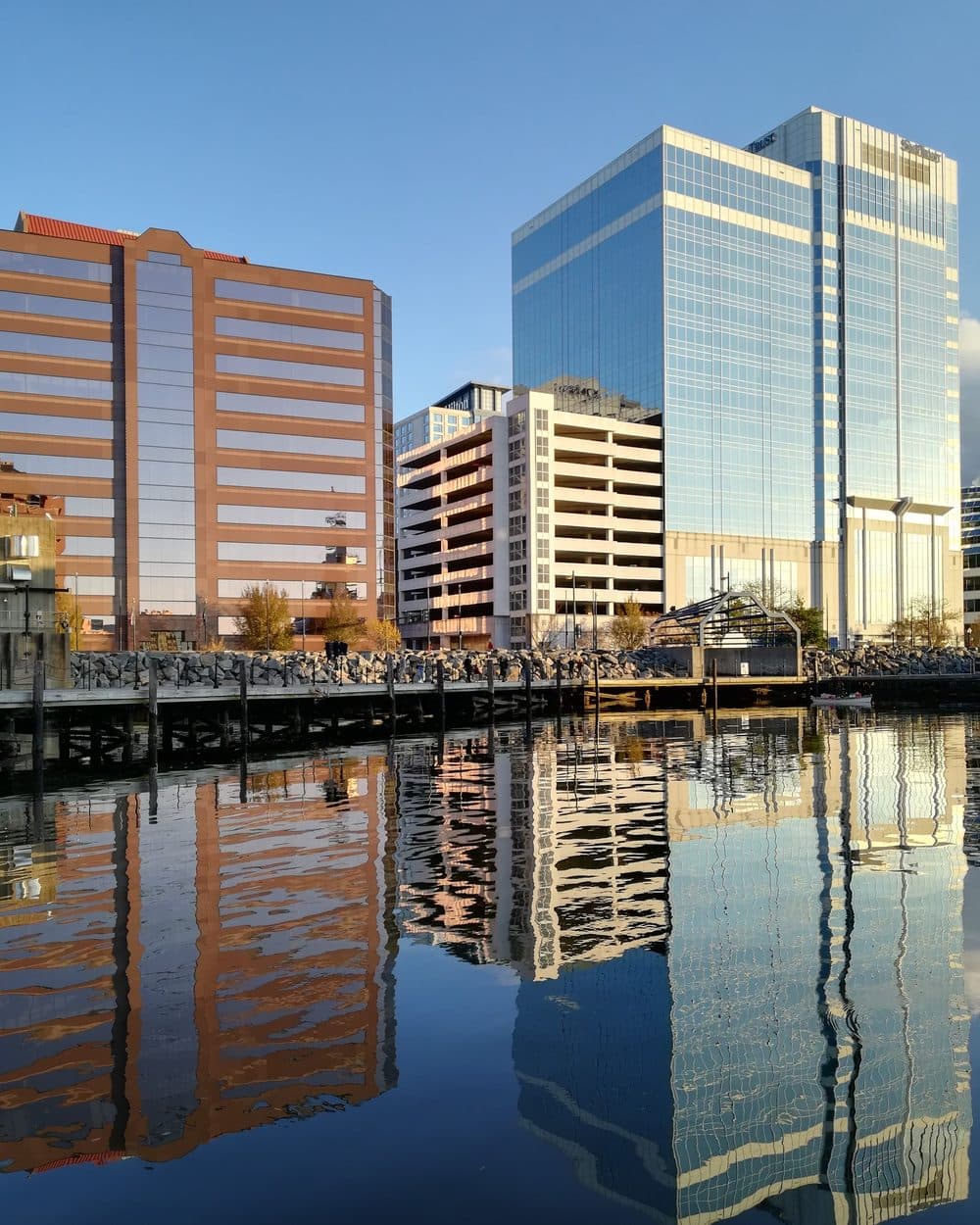 Downtown Norfolk skyline reflected in the Elizabeth River waterfront