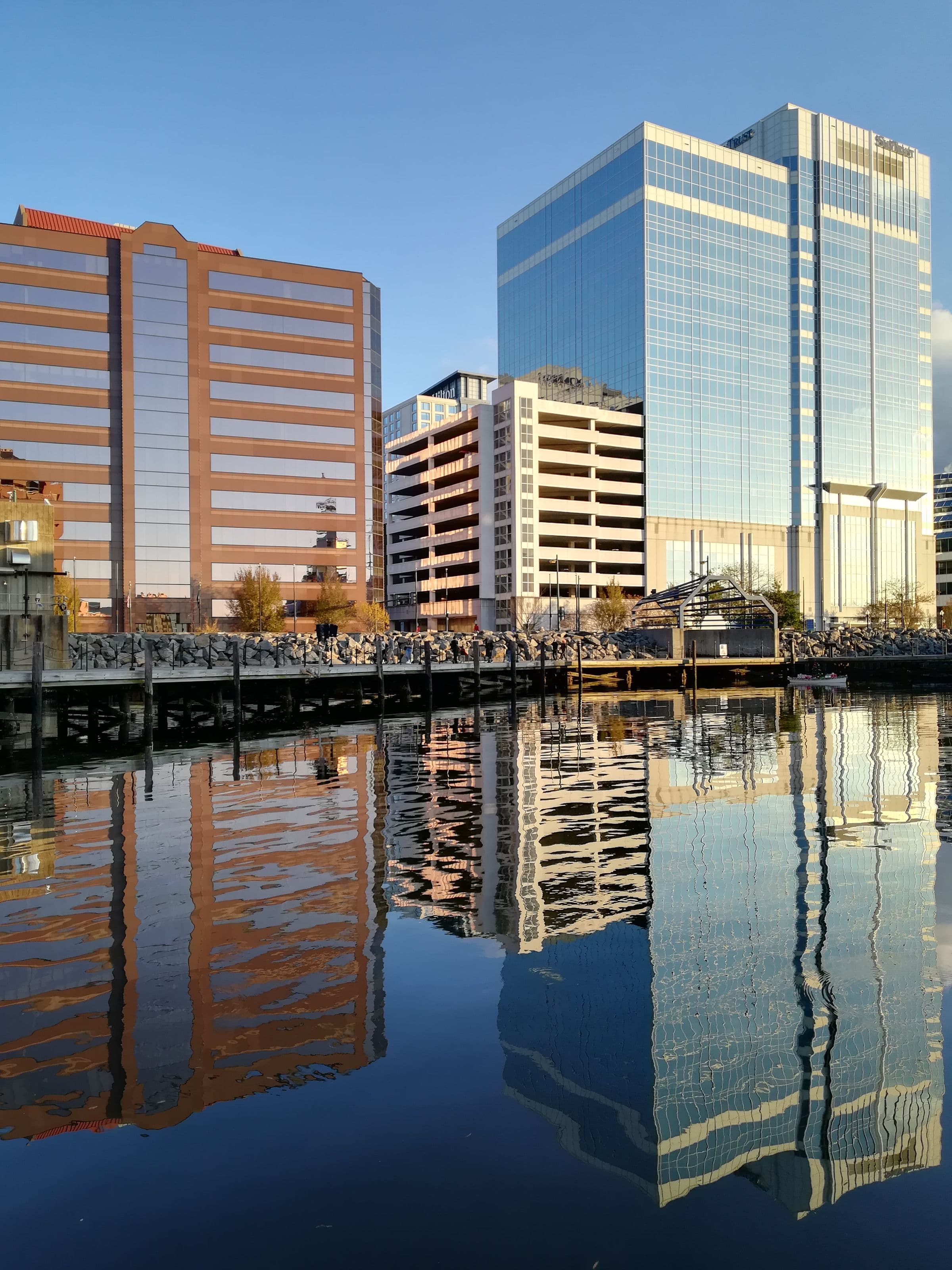 Downtown Norfolk skyline reflected in the Elizabeth River waterfront