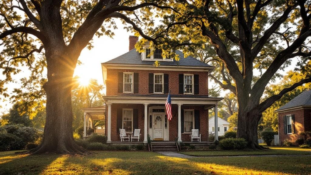 Brick colonial home in a Hampton Roads, Virginia neighborhood at golden hour